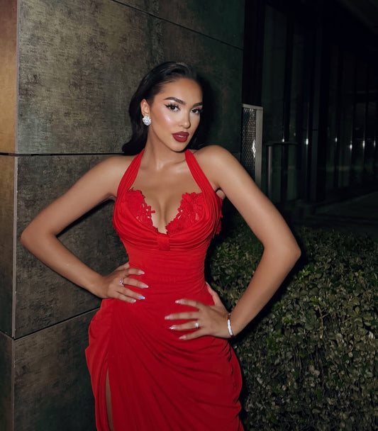Red Sleeveless Halter Straps Slit Deep V-Neck Prom Dress