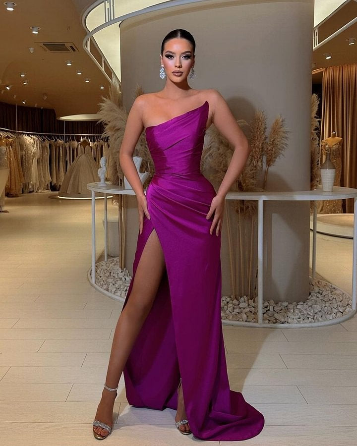 Purple Asymmetric Mermaid Strapless Pleated Slit Prom Dress