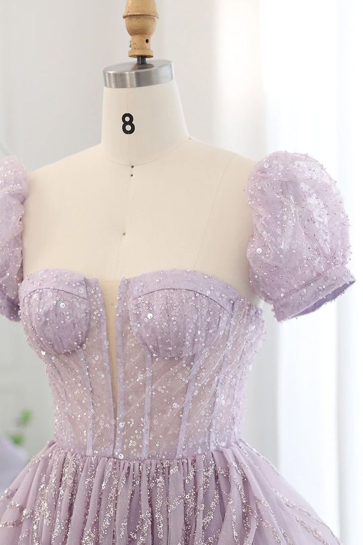 Lilac A Line Puff Sleeve Sequins Ruffle Tulle Prom Dress SH1661