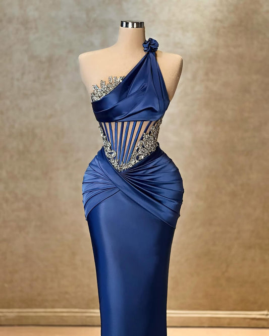 Sleeveless One-Shoulders Halter Straps Beads Pleated Mermaid Prom Dress