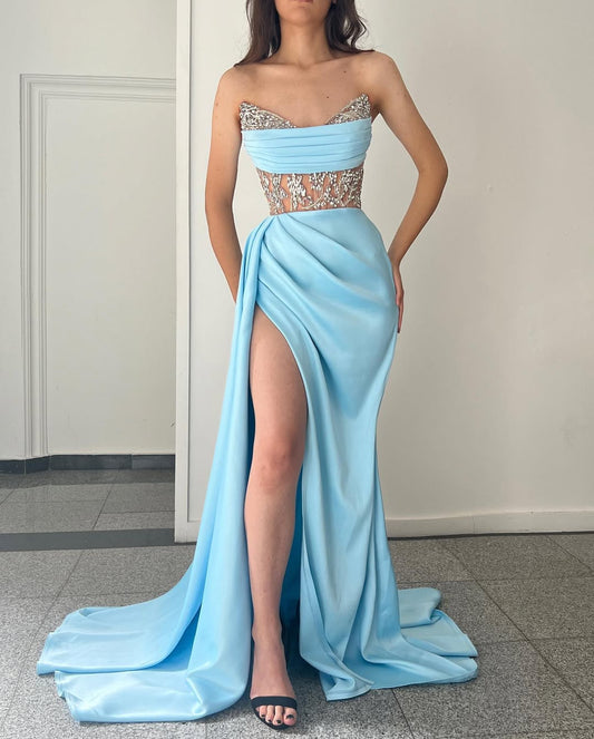 Baby Blue Sleeveless Strapless Mermaid Beads Prom Dress