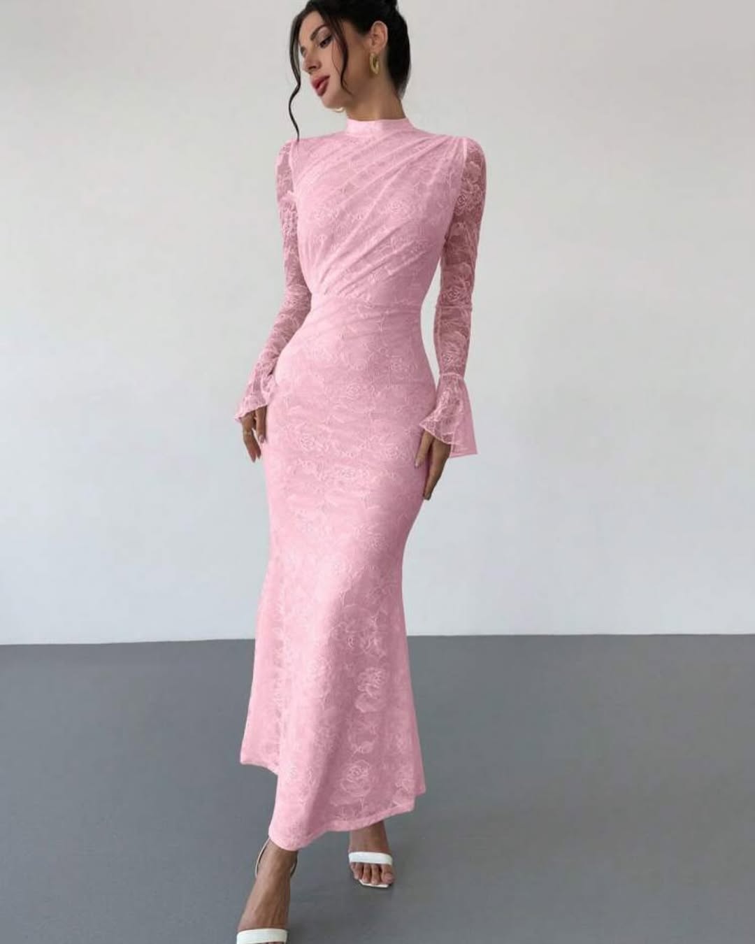 Glamorous Pink Lace Floral Half High Neck Long Sleeves Slim Prom Dress