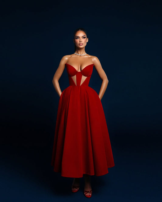 Red Simple Sleeveless Deep V-Neck Strapless A-Line Prom Dress