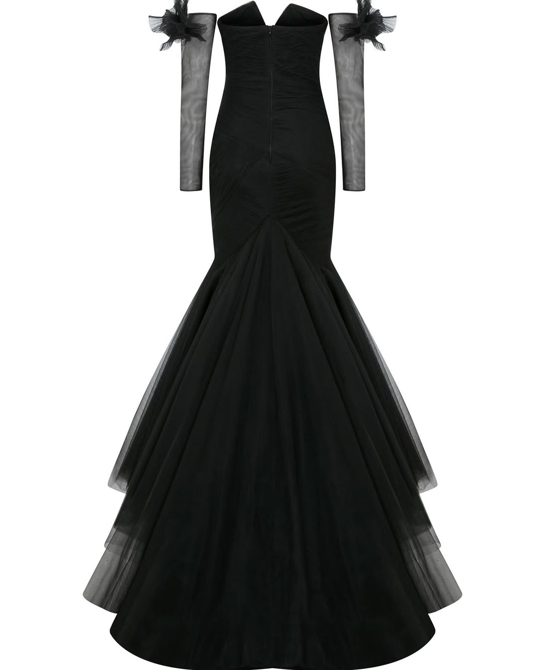 Glamorous Tulle Black Removable Long Sleeves Mermaid Prom Dress with Bow
