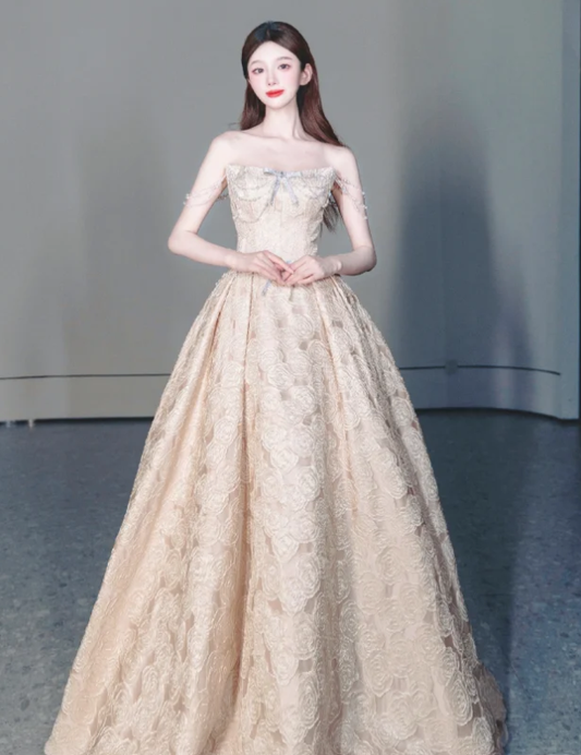 Champagne Strapless Prom Gown Lace Elegant Evening Dress fg8651