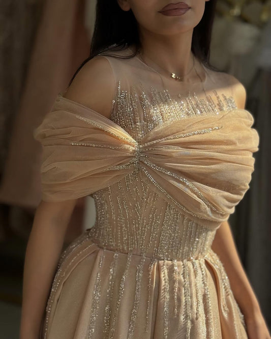 Sleeveless Jewel Off-Shoulders A-Line Beads Prom Dress