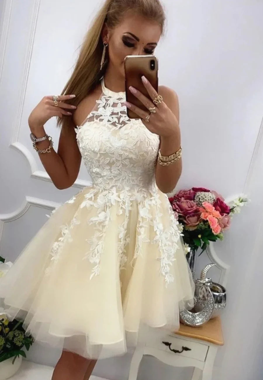 Elegant Homecoming Dress Halter Lace Flowers Short Prom Dress Back to School Outfits Party Dress D6099