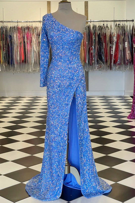 Long Sleeves One Shoulder Prom Dress Sequins With Slit