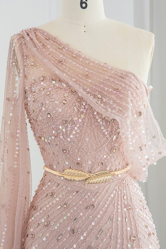 Pink Mermaid One Shoudler Evening Dress Side Split With Appliques Seqiuns