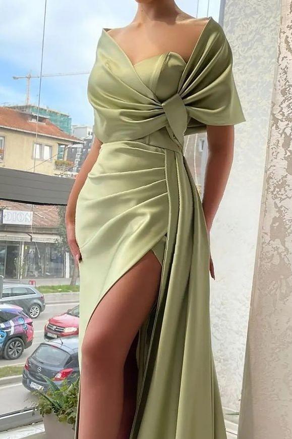 Charming Satin Mint Strapless Off the Shoulder Long Pleated Prom Dress with High Split