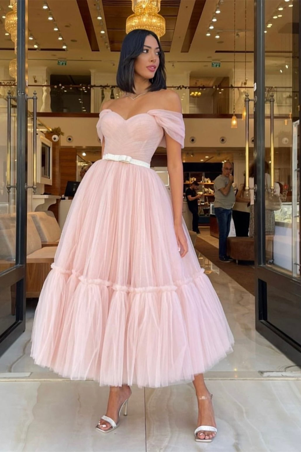 Pink Sleeveless Strapless Off-Shoulders Tulle A-Line Prom Dress