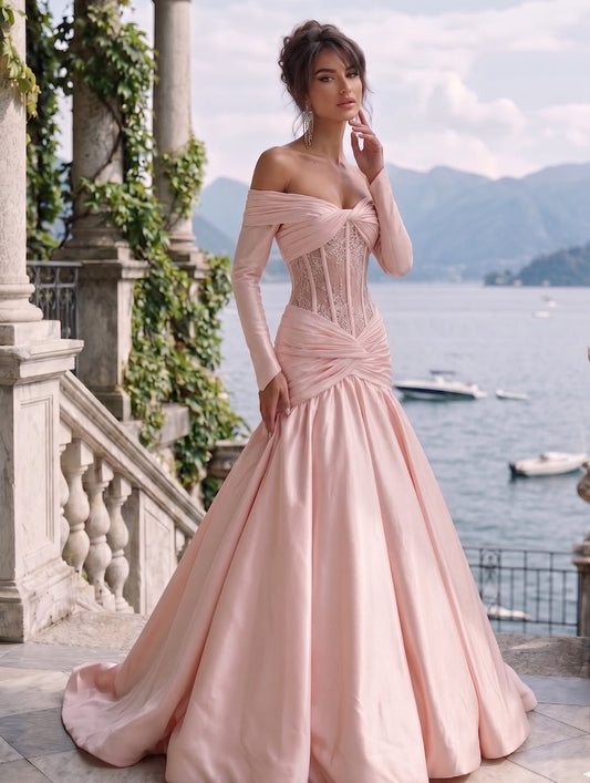 Charming Long Sleeves Square A-Line Pleated Satin Evening Dress