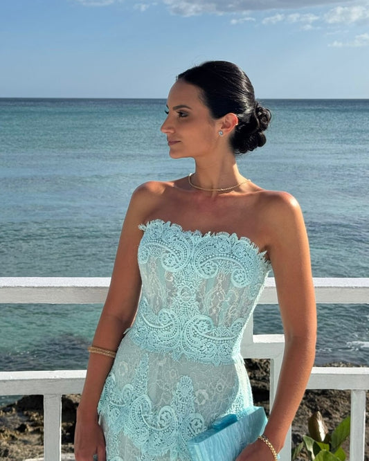Elegant Mint Green Lace Strapless Sleeveless Prom Dress with Ruffles