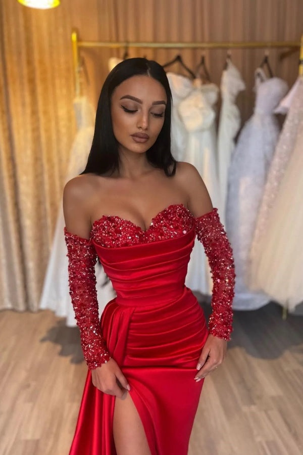 Red Strapless Split Prom Dress Long sleeves with Sequins