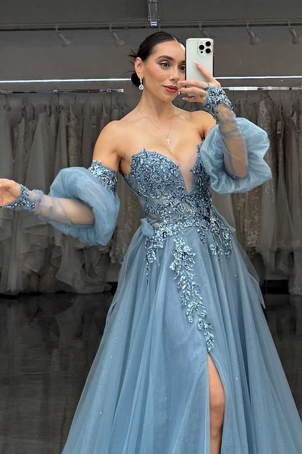 Charming Dusty Blue Tulle Strapless Long Sleeves Applique Prom Dress with Split