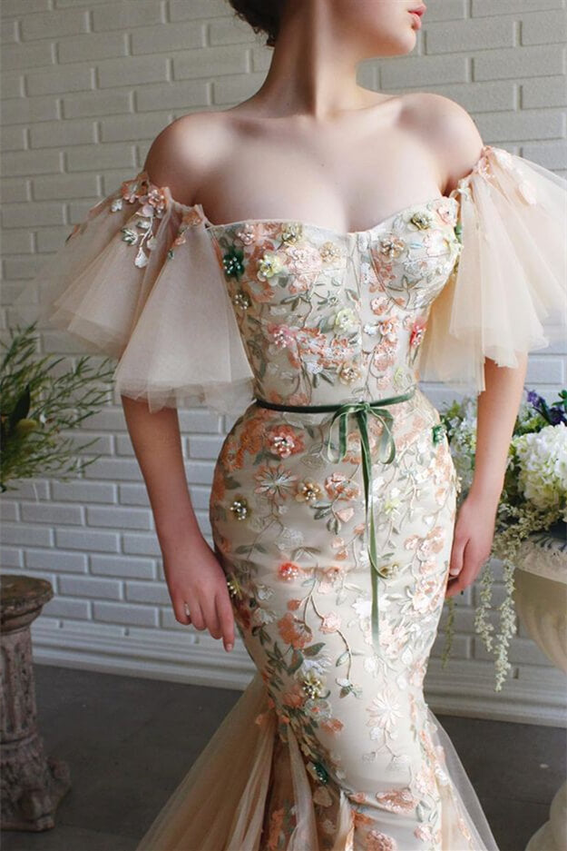Strapless Flowers Evening Dress Beadings With Appliques Mermaid Off-The-Shoulder