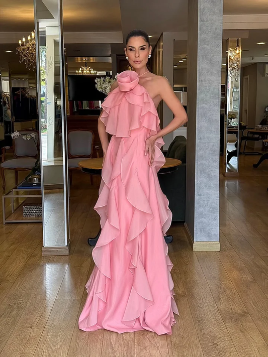 Dreamy Pink Halter Backless Sleeveless Ruffles Handmade Flower Evening Dress