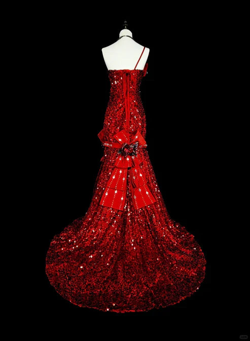 Charming Red One Shoulder Mermaid Sequins Vintage Long Evening Party Dress, D897