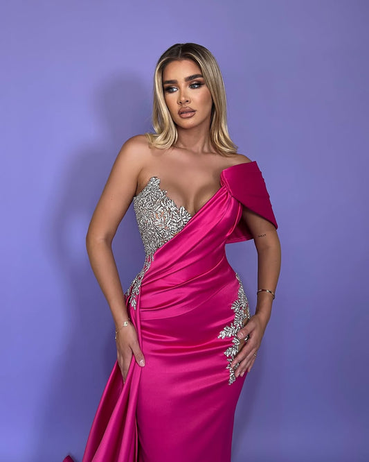 Fuchsia Sleeveless Strapless Deep V-Neck Beads Mermaid Prom Dress