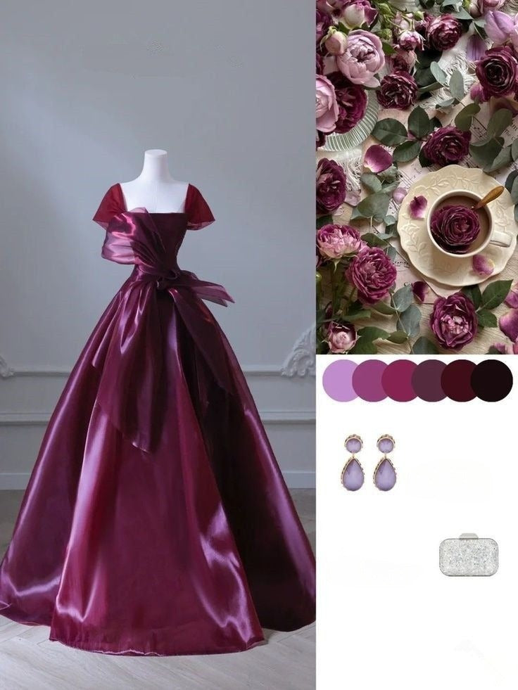 Elegant Burgundy A-Line Satin Long Formal Prom Dress Party Gown, D688