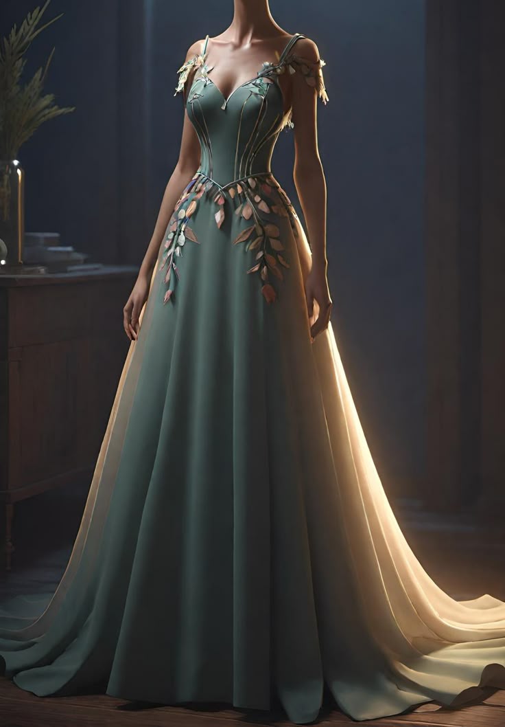 Elegant Green Straps A-Line Appliques Long Prom Dress Evening Gown, D715
