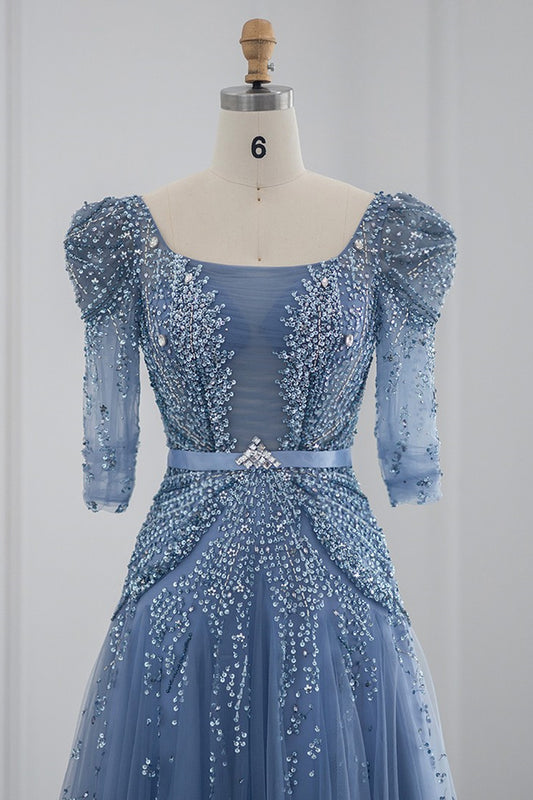 Blue Square Collar A Line Tulle Evening Dress Floor Length With Appliques
