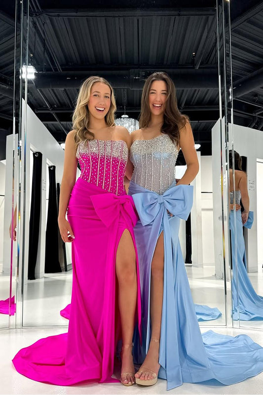 Charming Sky Blue Satin Sleeveless Strapless Split Prom Dress with Beadings