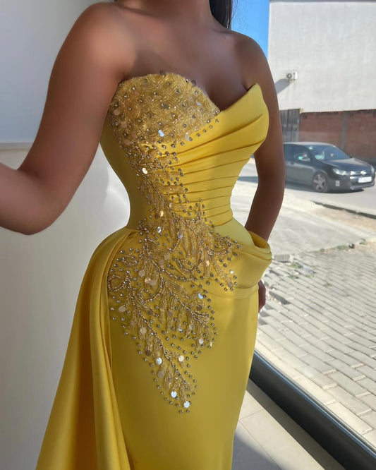 Sleeveless Strapless V Neck Mermaid Beaded Prom Dress With Tail