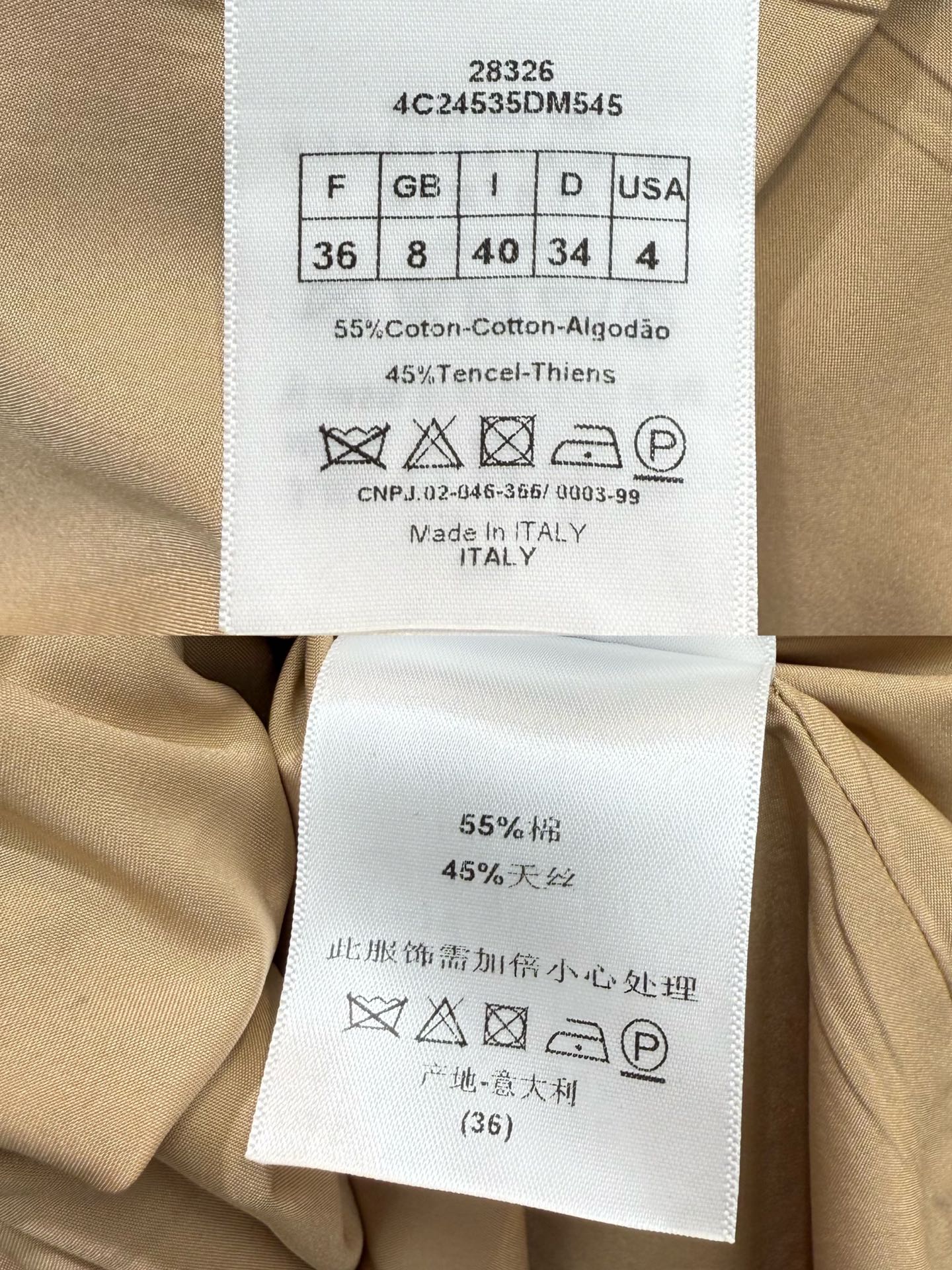 CD 25SS Lapel Middle Zipper Guilted Four Pockets Contrast Color Dress Beige Wool 304161
