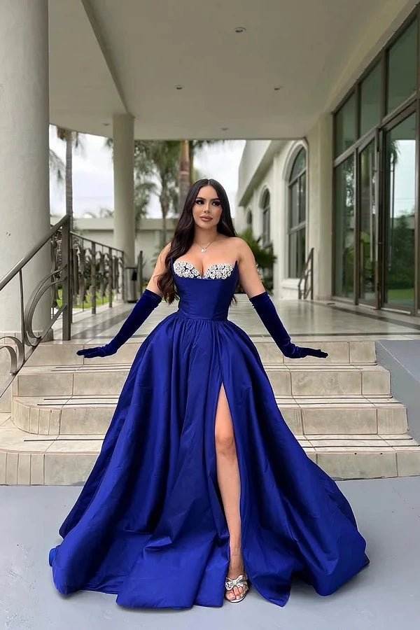 Royal Blue Strapless Sweetheart Beadeds Prom Dress With Long Gloves