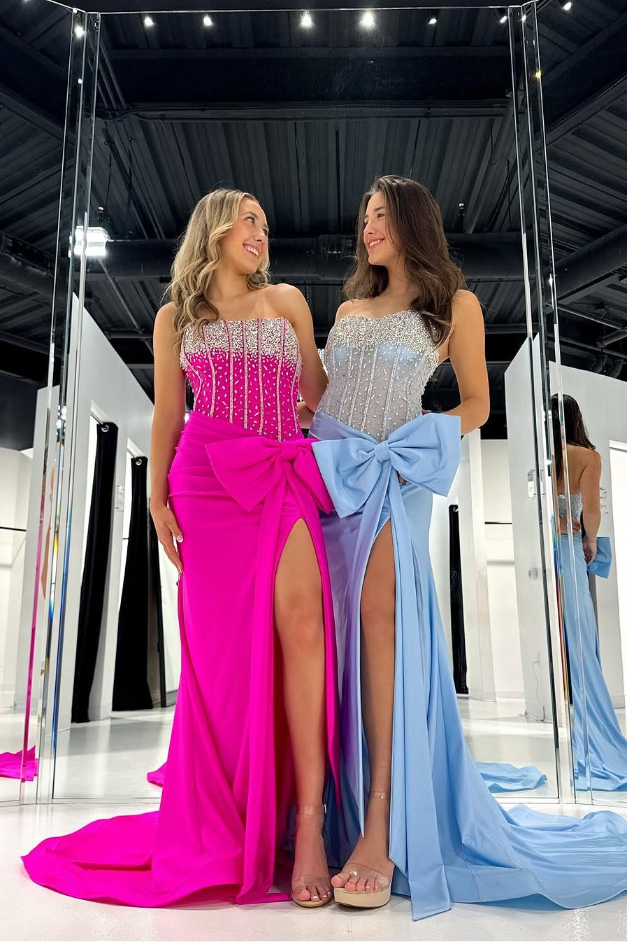 Charming Sky Blue Satin Sleeveless Strapless Split Prom Dress with Beadings