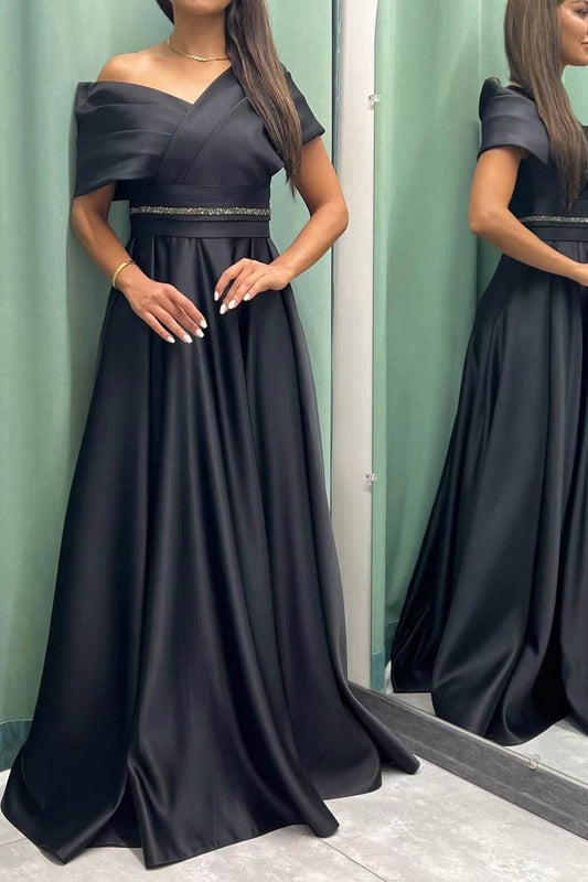 Elegant Long Evening Dress Pleat Off-The-Shoulder