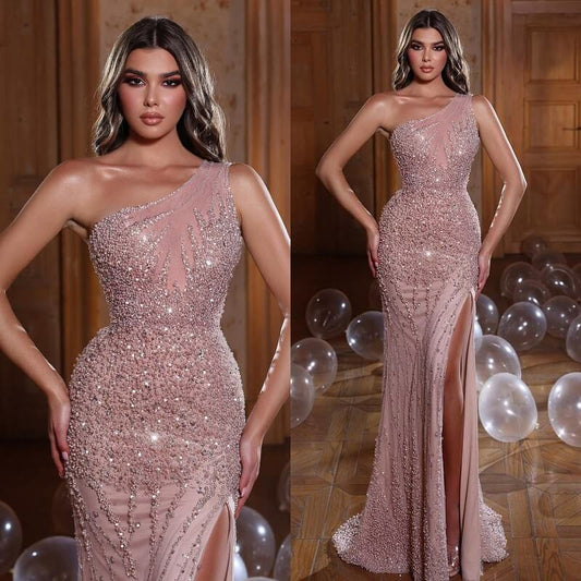 Pink Pearl Sequins Mermaid Evening Dress With Beads Split One Shoulder