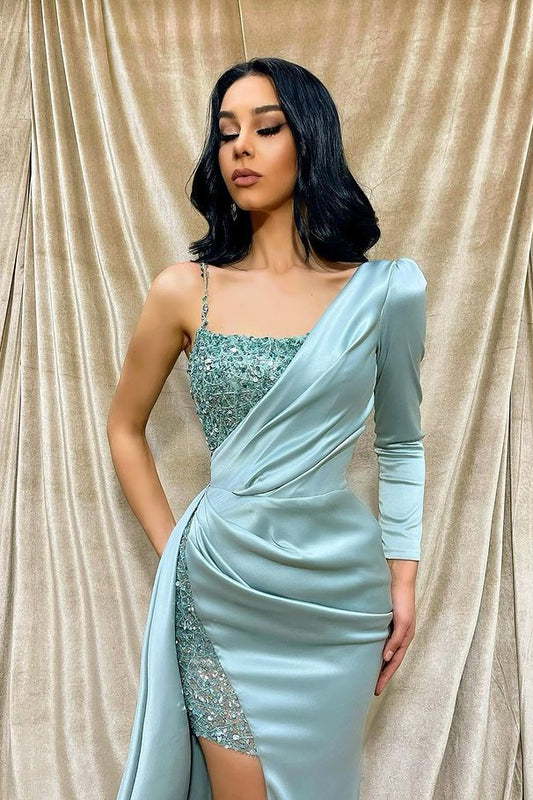 One Shoulder Long Sleeve Front Split Mermaid Evening Dress Light Green With Sequins