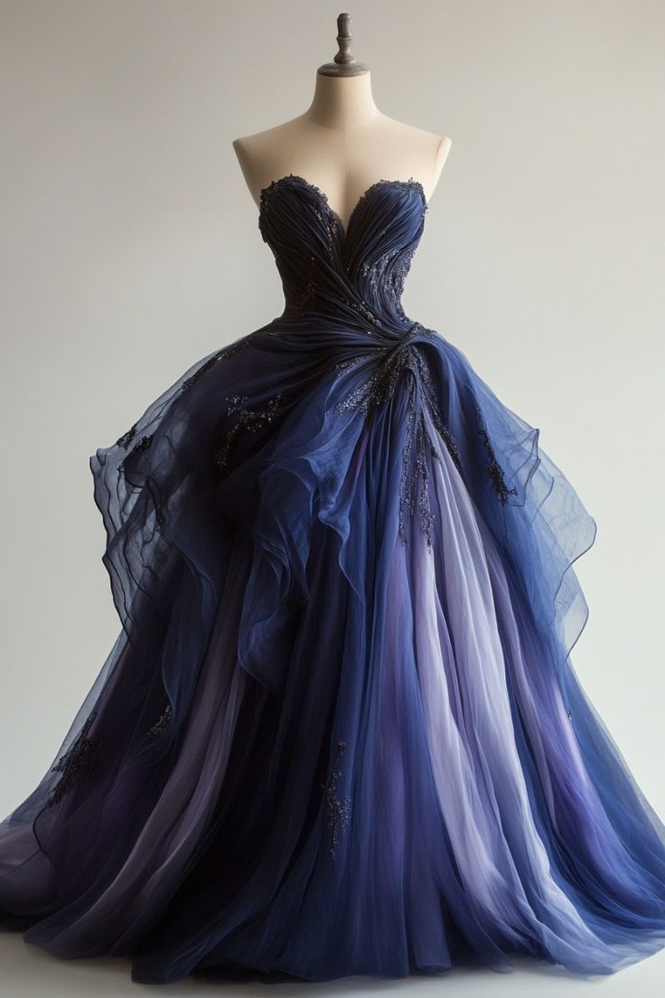 Stunning Ball Gown Sweetheart Neck Beaded Ombre Navy Blue Chiffon Prom Dress Evening Dress SH2376