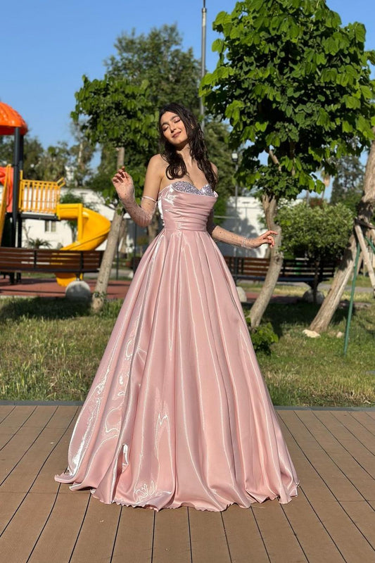Stunning Pink Strapless Sleeveless Pleated Beadings Prom Dress with Gloves