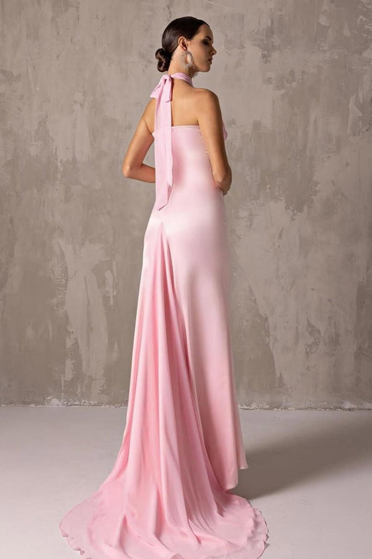 Elegant Blushing Pink Satin Halter Sleeveless Long Prom Dress with Pleated