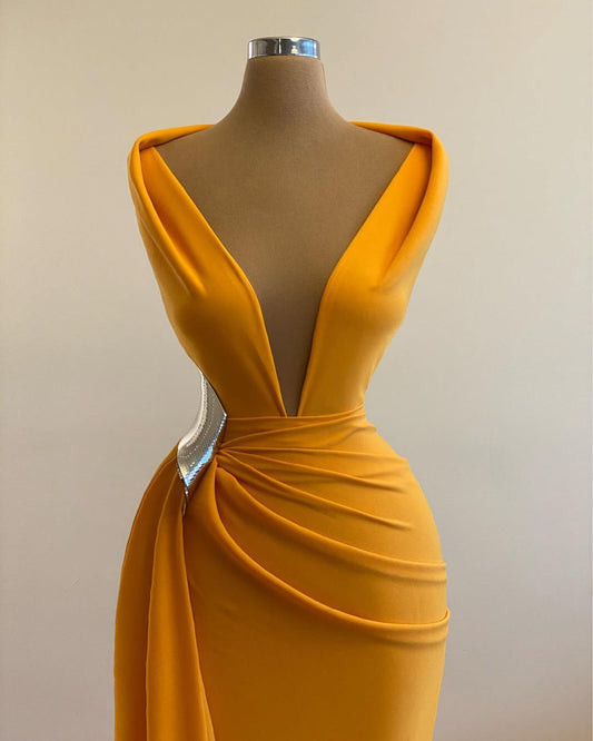 Simple Orange Sleeveless Deep V-Neck Mermaid Prom Dress