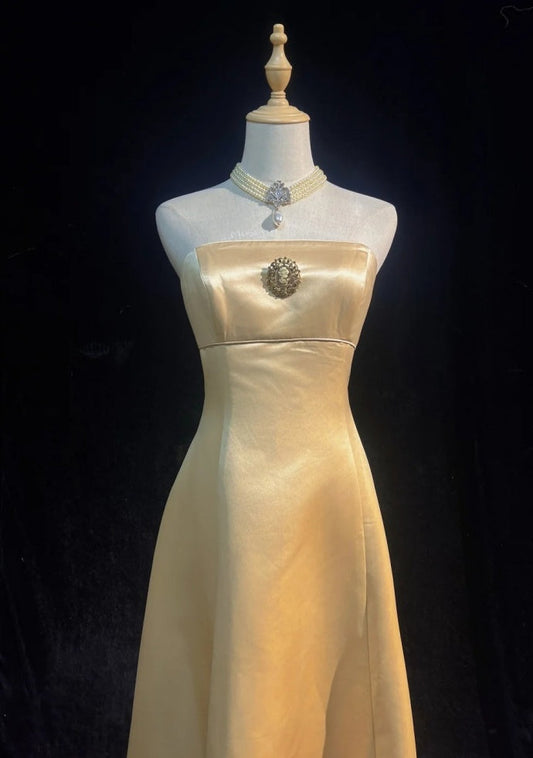 Chic Champagne Bridesmaid Dress Satin Sheath Evening Dress Sleeveless DP05208