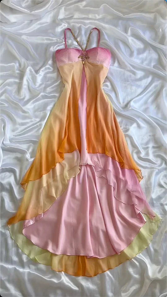 Vintage A Line Halter Beaded Colorful Chiffon Party Dress Evening Dress SH1936