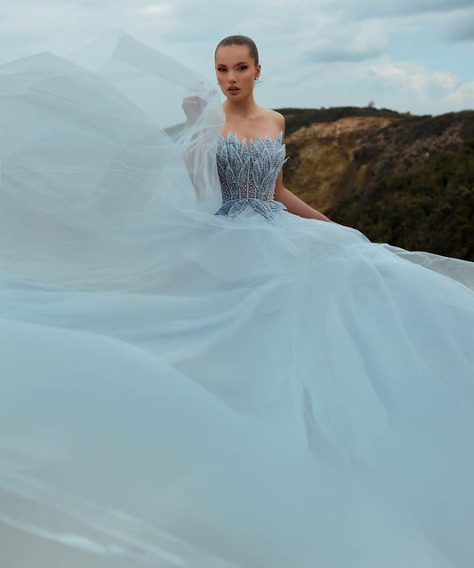 Gorgeous Blue Tulle Strapless Sleeveless Beaded Pleated Prom Dress
