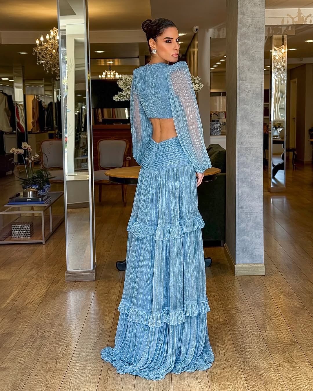 Elegant Blue Chiffon V Neck Ruffles Long Sleeves Prom Dress with Pleated