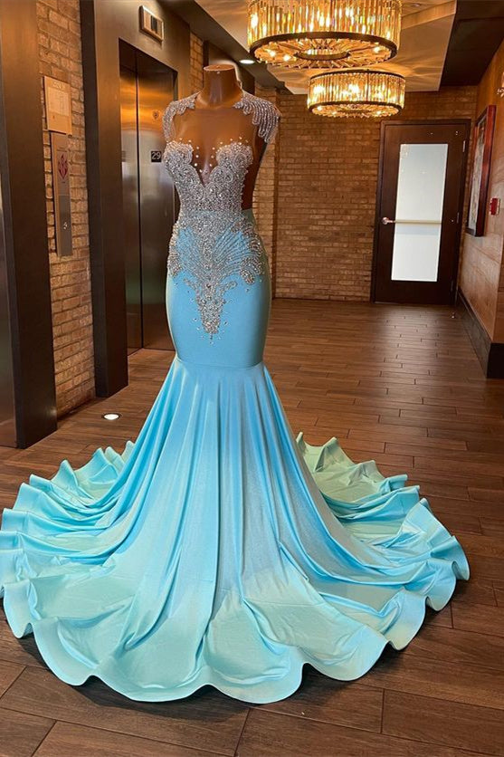 Sleeveless Blue Popular Mermaid Prom Dress Appliques With Beads