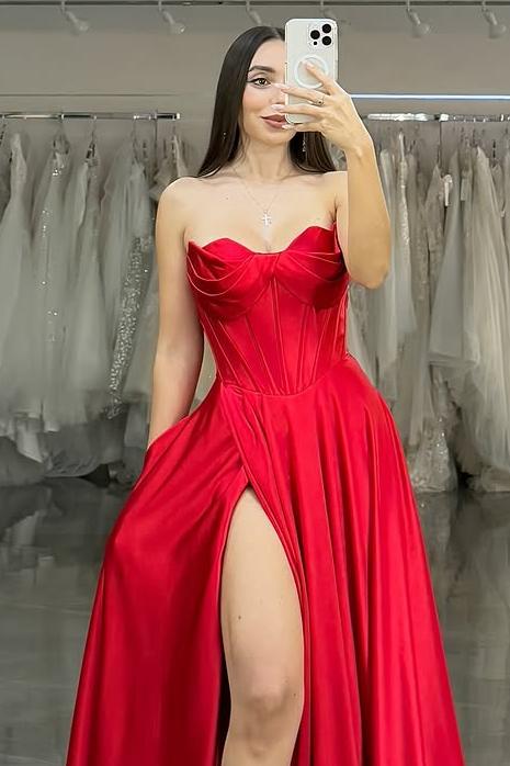 Charming Red Satin Sleeveless Strapless Long Pleated Prom Dress with Split