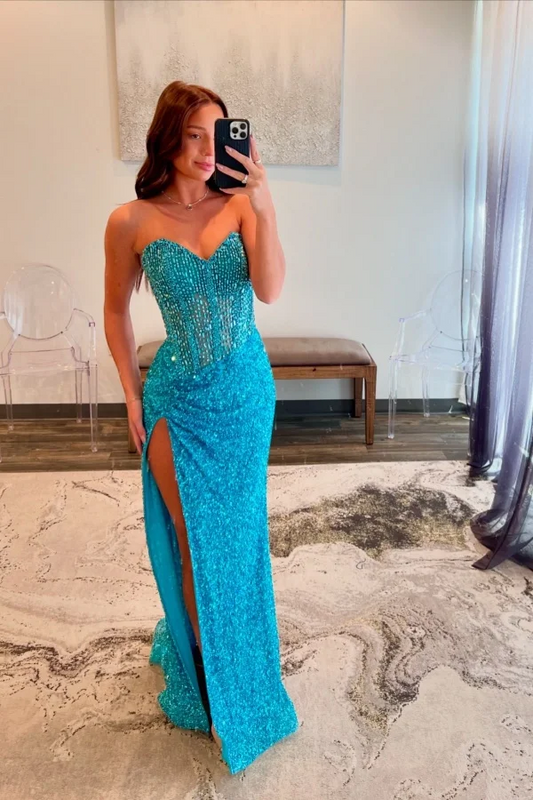Strapless Blue Beaded Slit Prom Dress