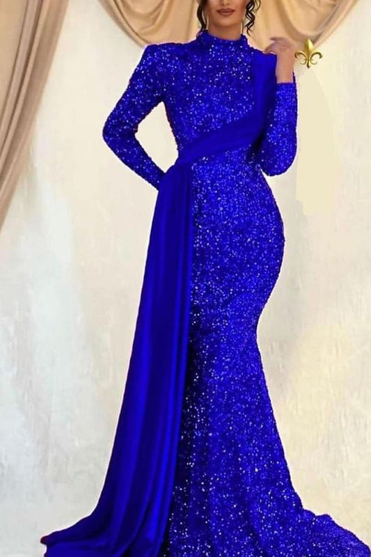 Long Sleeves Mermaid Sequins Prom High Collar Dress With Ruffle