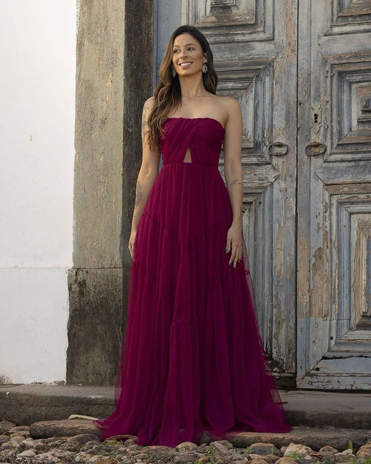 Simple Sleeveless Strapless Square Long Prom Dress
