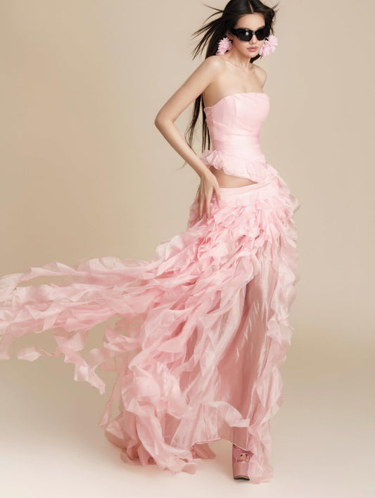 Chic Pink Sleeveless Square Strapless Evening Dress With Ruffles