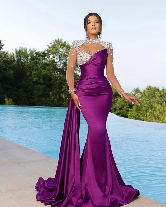 Chic Long Sleeves Beaded Satin Mermaid Prom Dress with Ruffles
