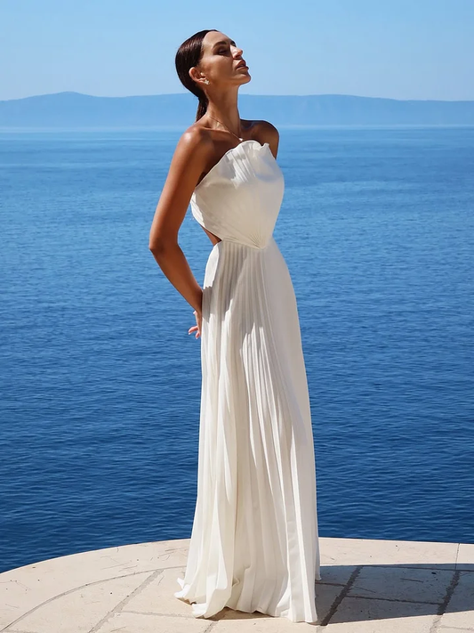 Simple White Sleeveless Strapless Long Prom Dress With Pleated
